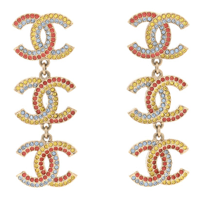 Chanel Metal Crystal CC Triple Drop Earrings Gold Multicolor 1 of 5