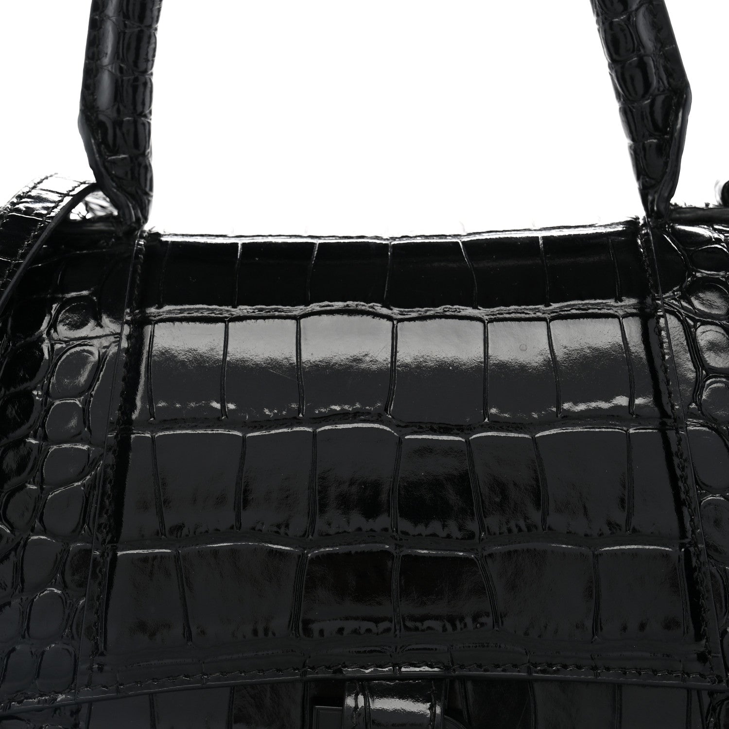 Balenciaga Shiny Calfskin Monochrome Crocodile Embossed Small Hourglass Top Handle Bag Black 7 of 12