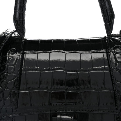 Balenciaga Shiny Calfskin Monochrome Crocodile Embossed Small Hourglass Top Handle Bag Black 7 of 12