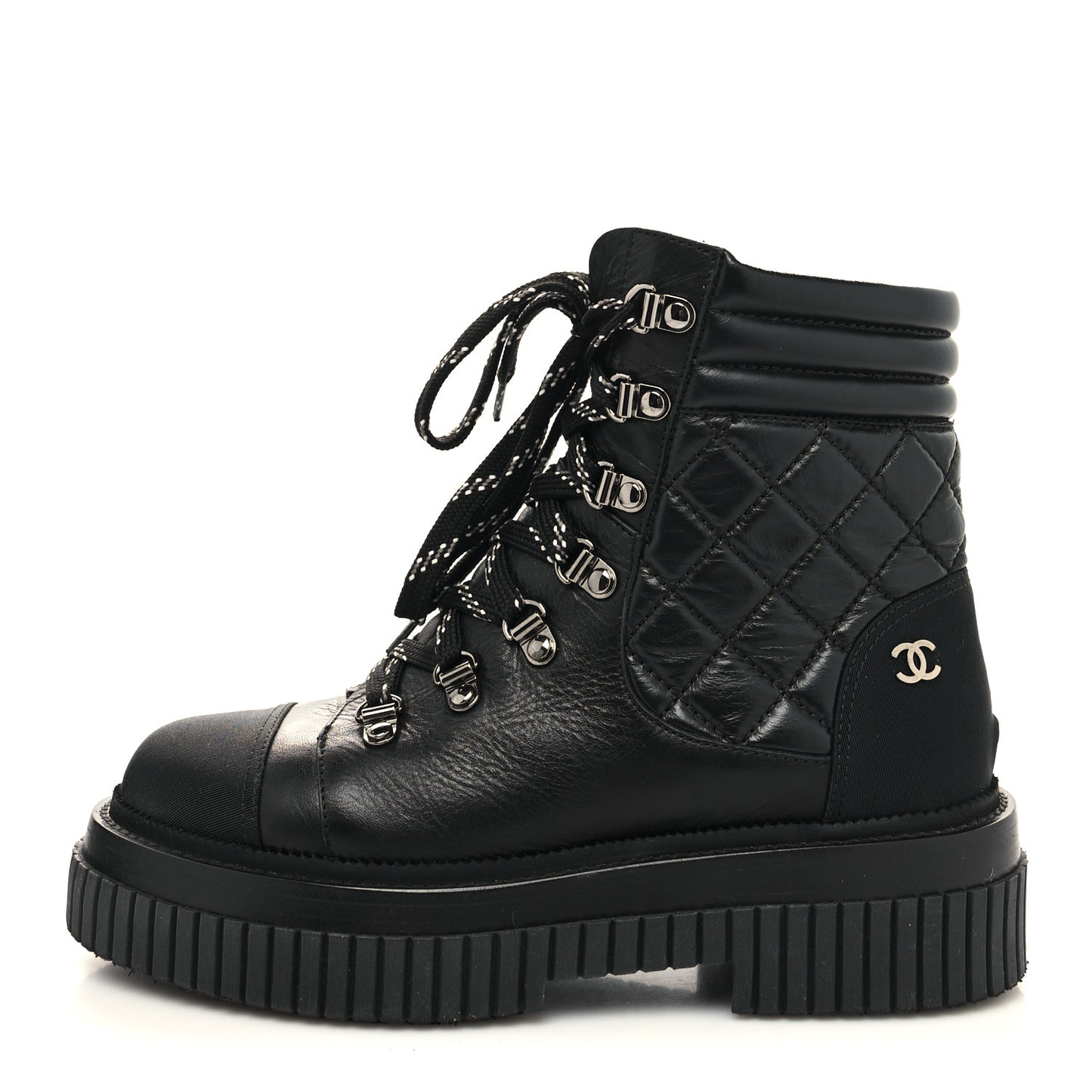 Calfskin Grosgrain Quilted Lace Up Boots 36.5 Black Grey