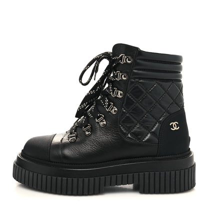 Chanel Calfskin Grosgrain Quilted Lace Up Boots 36.5 Black Grey 1 of 8