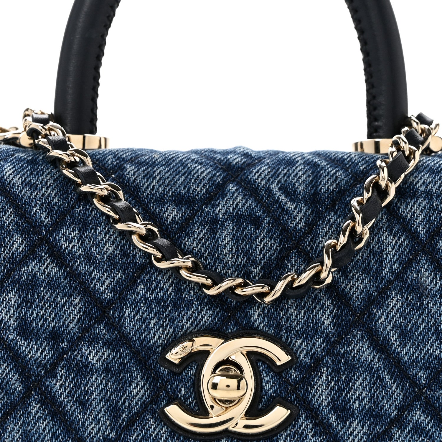 Chanel Washed Denim Calfskin Quilted Coco Handle Clutch With Chain