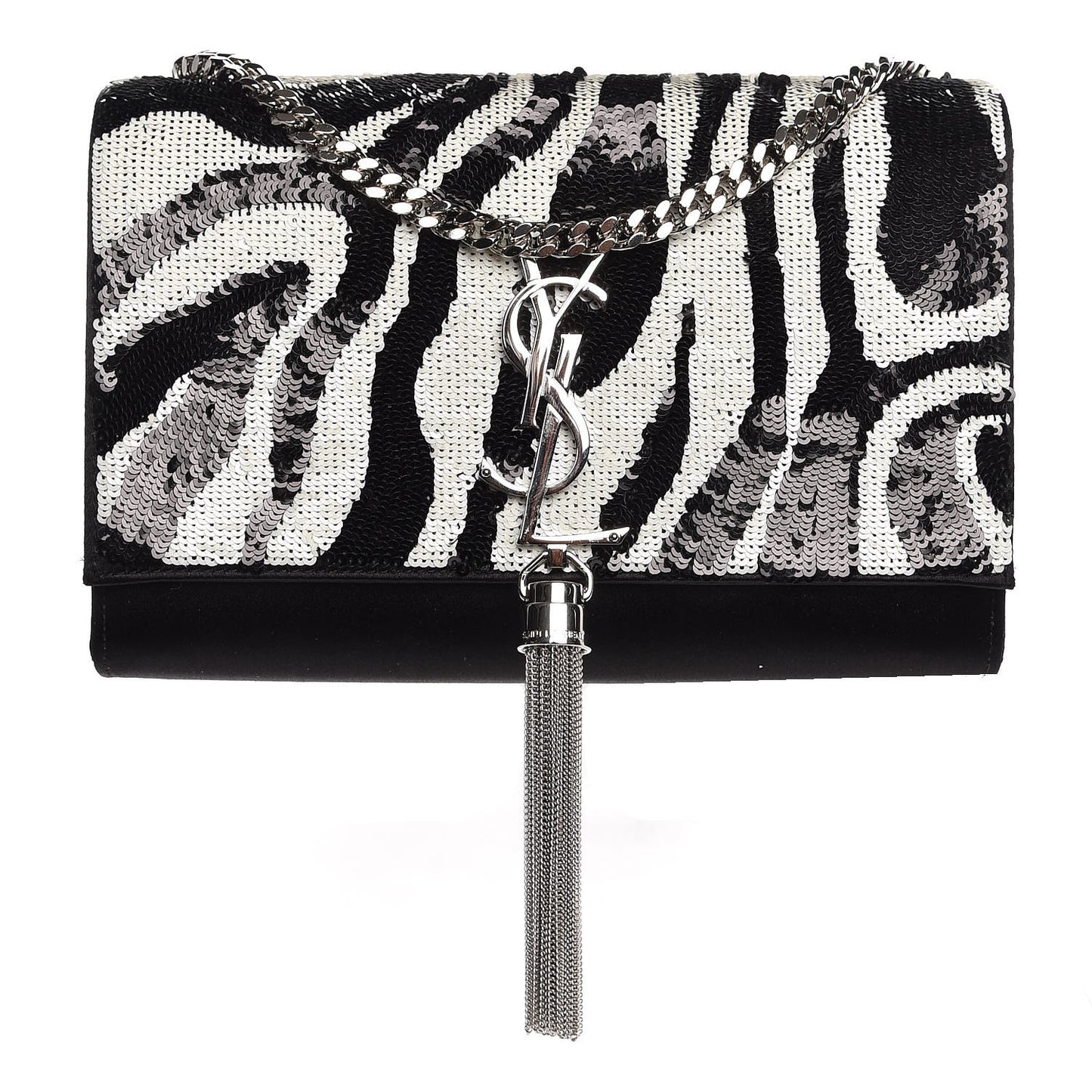 Satin Sequin Zebra Small Monogram Kate Tassel Satchel Black White