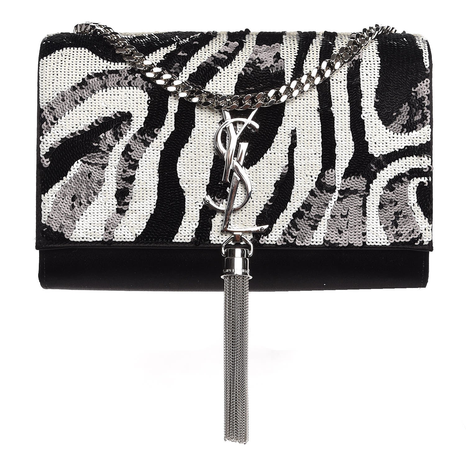 Saint Laurent Satin Sequin Zebra Small Monogram Kate Tassel Satchel Black White 1 of 7