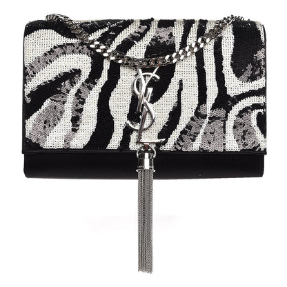 Saint Laurent Satin Sequin Zebra Small Monogram Kate Tassel Satchel Black White 1 of 7