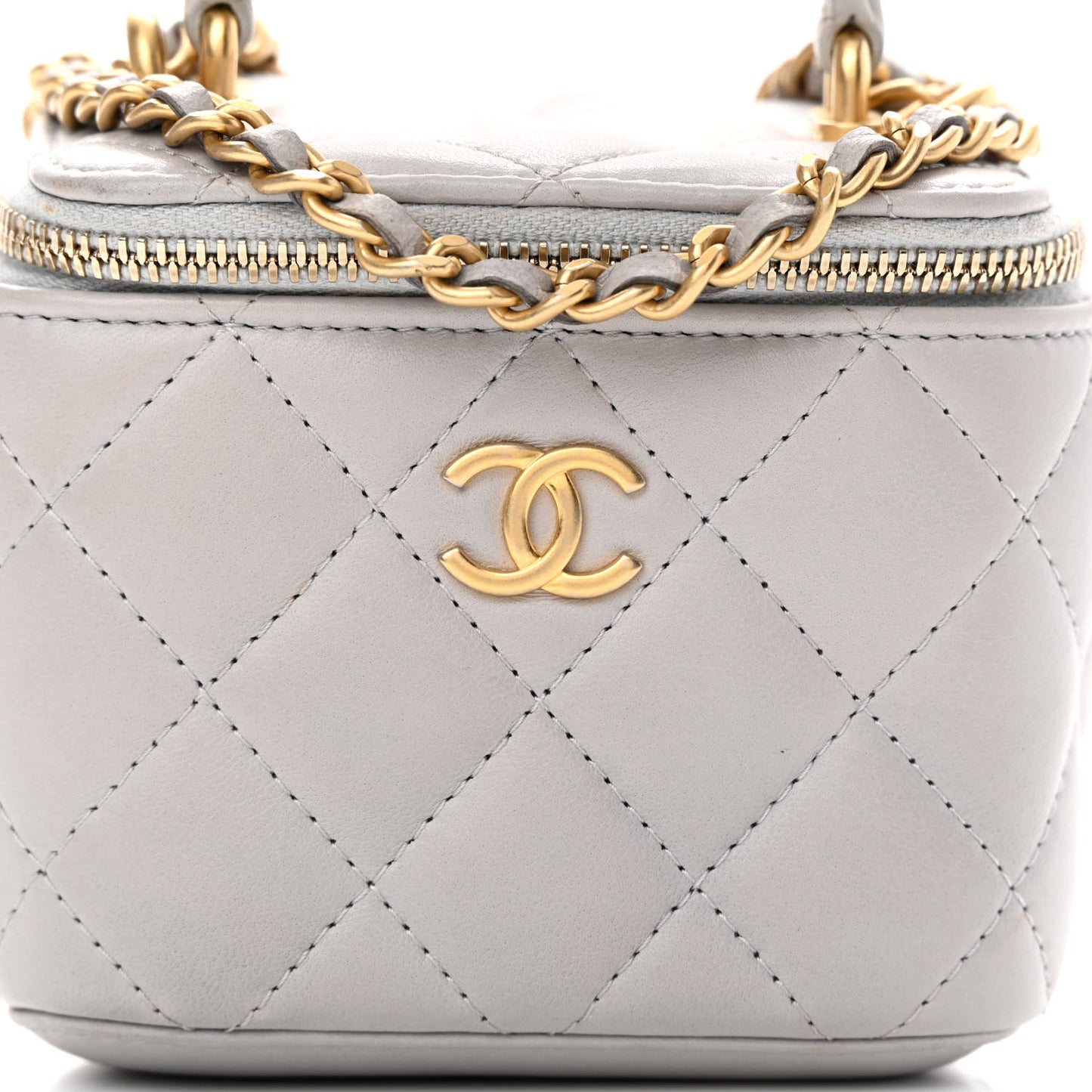 Lambskin Quilted Top Handle Mini Vanity Case With Chain Grey