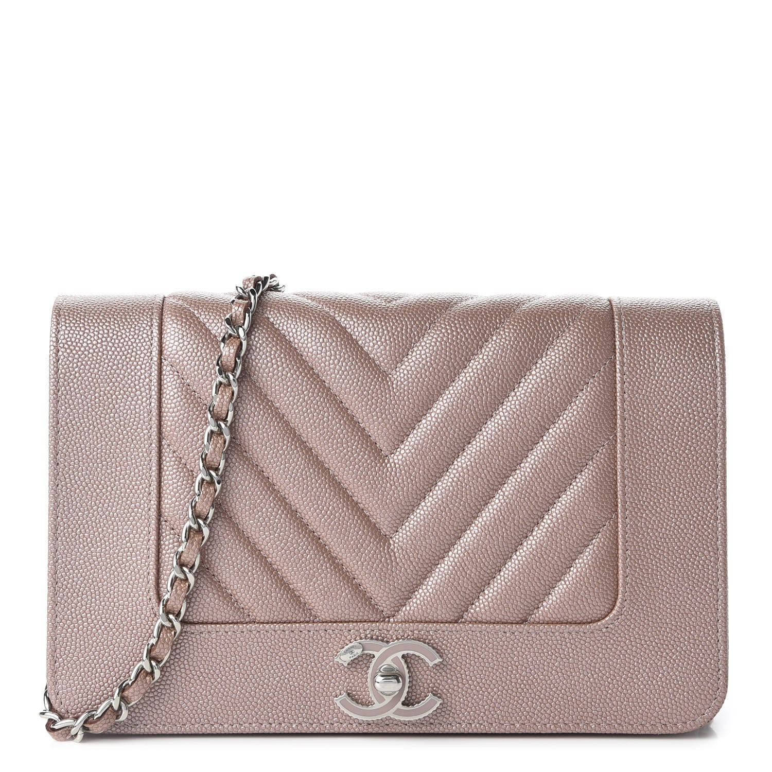 Chanel Metallic Caviar Chevron Quilted Vintage Mademoiselle Wallet On Chain WOC Pink 1 of 10