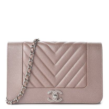 Chanel Metallic Caviar Chevron Quilted Vintage Mademoiselle Wallet On Chain WOC Pink 1 of 10