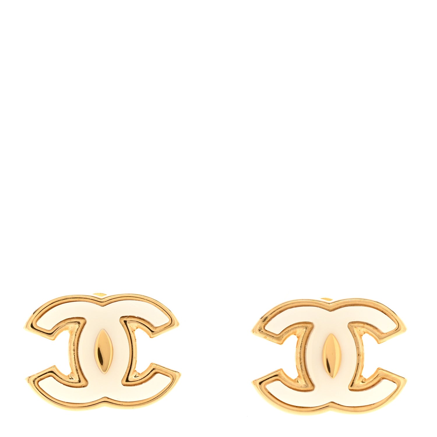 Chanel Metal Enamel CC Earrings Gold White 1 of 5