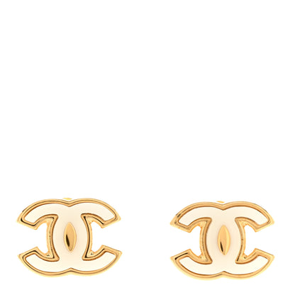 Chanel Metal Enamel CC Earrings Gold White 1 of 5