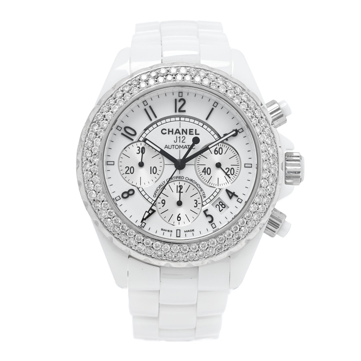 Stainless Steel Ceramic Diamond Bezel 41mm J12 Chronograph Automatic Watch White
