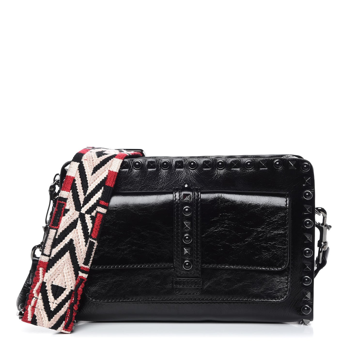 Craquele Calfskin Small Guitar Strap Rockstud Rolling Flap Pocket Shoulder Bag Black