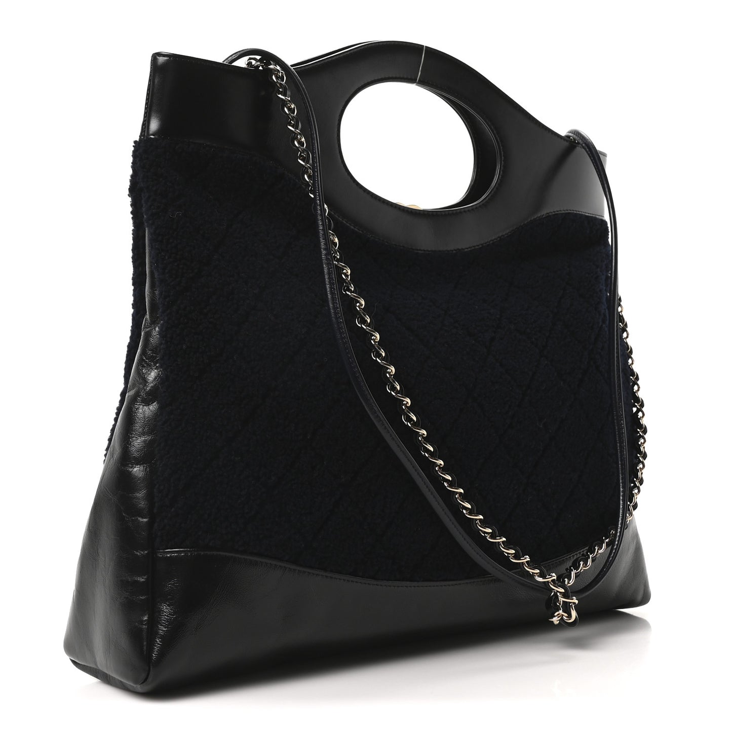 Shiny Crumpled Calfskin Wool Large 31 Shopping Bag Navy Blue Black