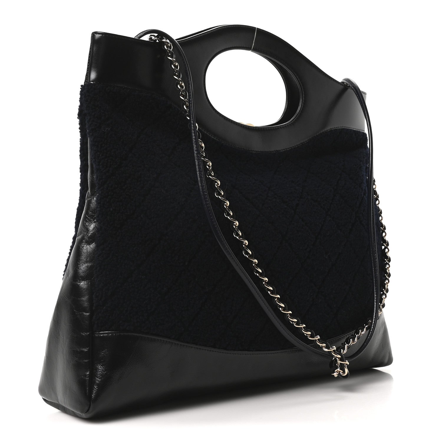Chanel Shiny Crumpled Calfskin Wool Large 31 Shopping Bag Navy Blue Black 3 of 10
