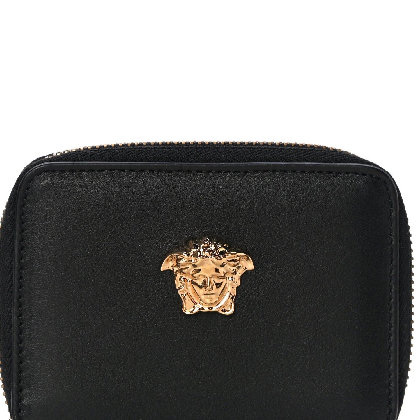Calfskin Medusa Compact Zip Around Wallet Black