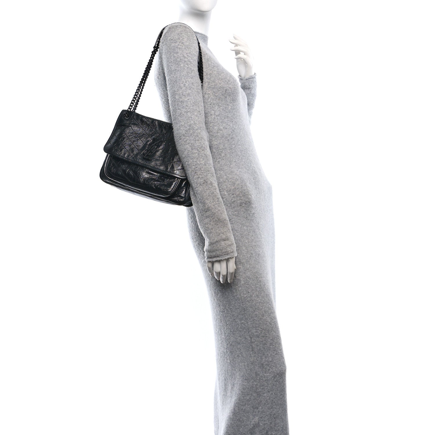 Saint Laurent Crinkled Calfskin Matelasse Monogram Medium Niki Chain Satchel Black 2 of 9