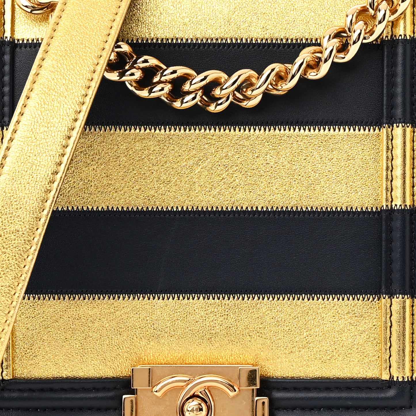 Metallic Lambskin Striped North South Boy Flap Navy Gold