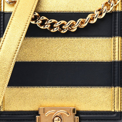 Chanel Metallic Lambskin Striped North South Boy Flap Navy Gold 7 of 11