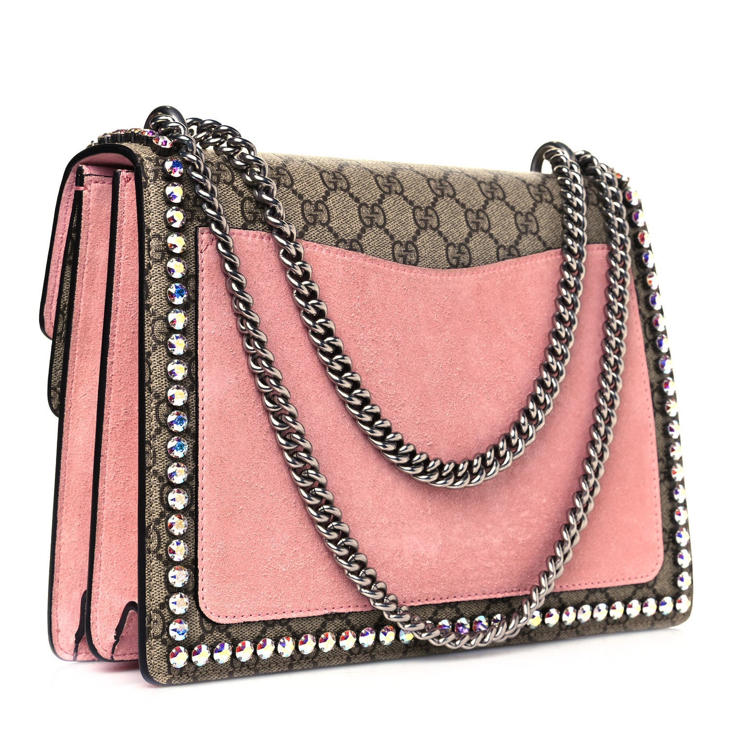 GG Supreme Monogram Suede Crystal Medium Dionysus Shoulder Bag Beige Ebony Light Peonia