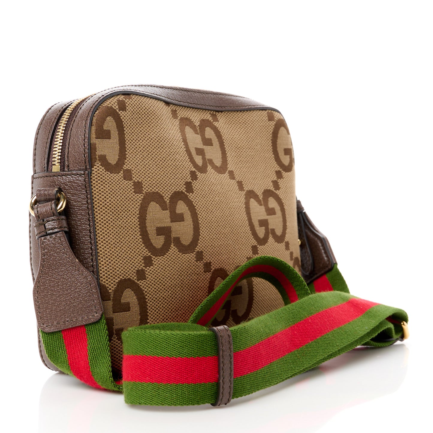 Monogram Jumbo GG Textured Dollar Calfskin Web Messenger Shoulder Bag Camel Ebony New Acero
