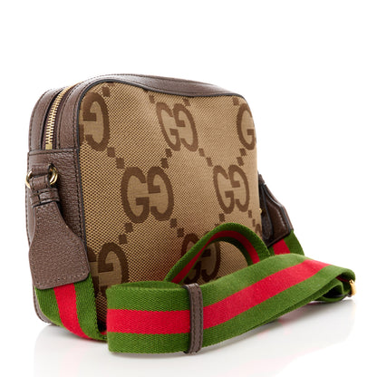 Gucci Monogram Jumbo GG Textured Dollar Calfskin Web Messenger Shoulder Bag Camel Ebony New Acero 3 of 11