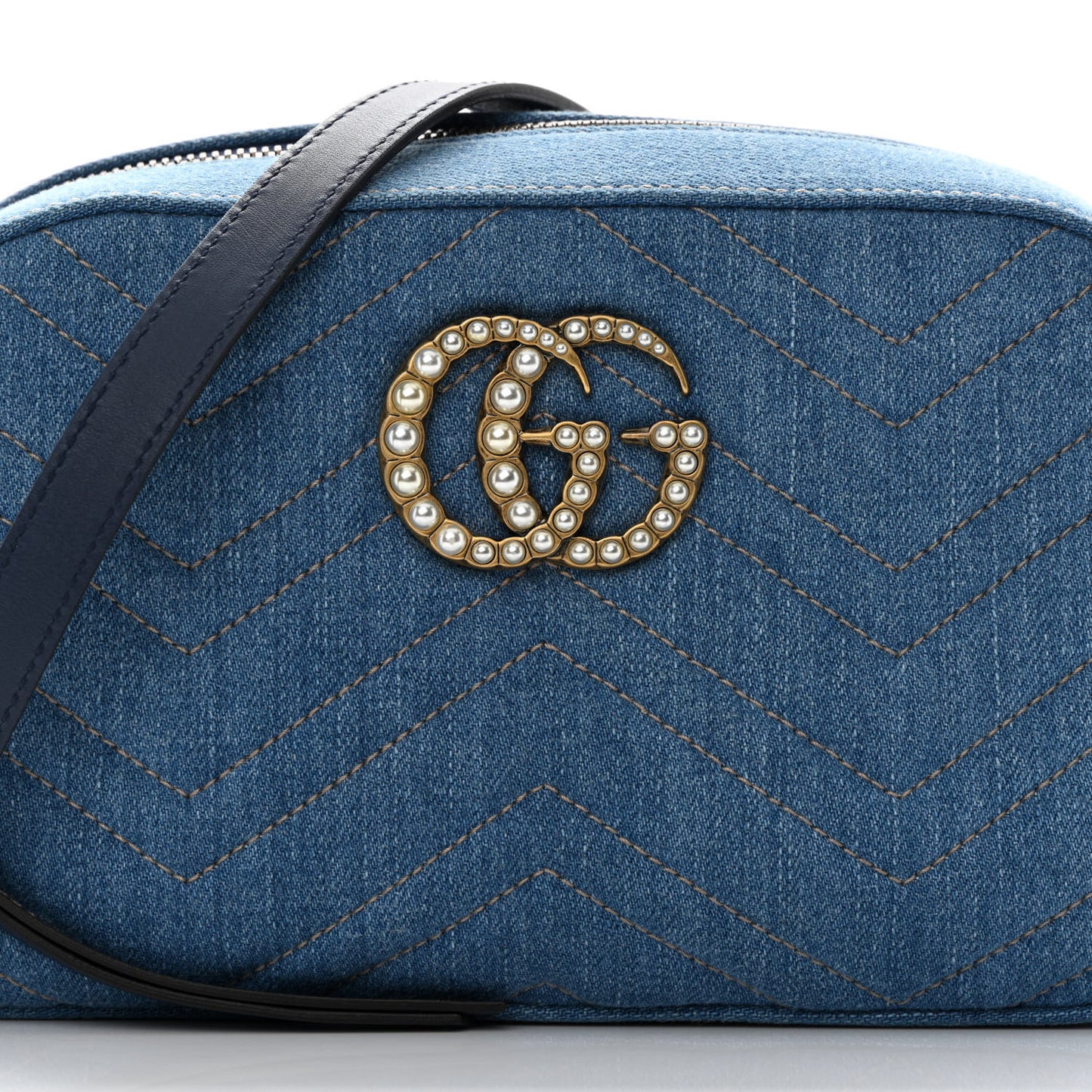 Denim Matelasse Small Pearly GG Marmont Chain Shoulder Bag Blue