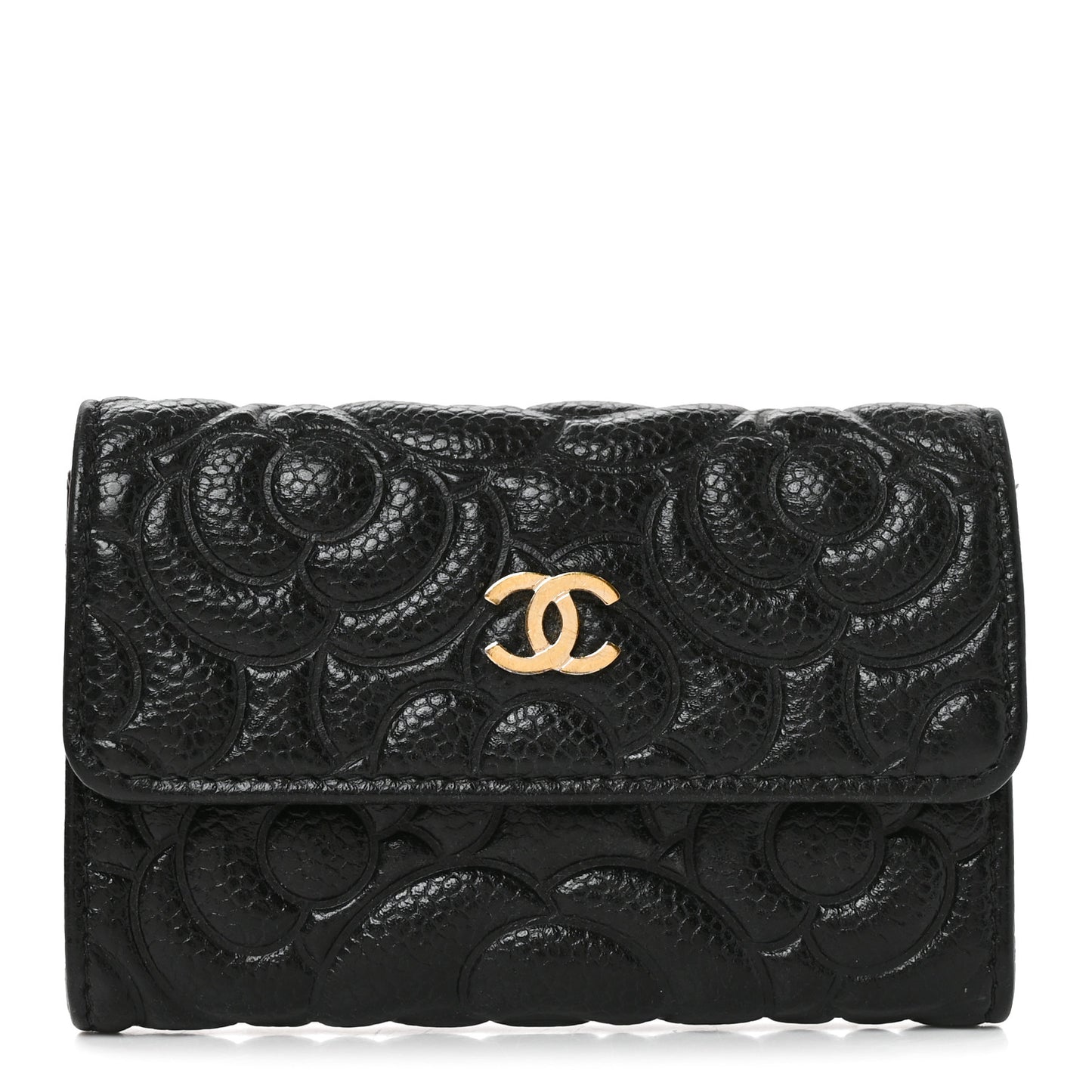 Caviar Camellia Embossed Card Holder Wallet Black