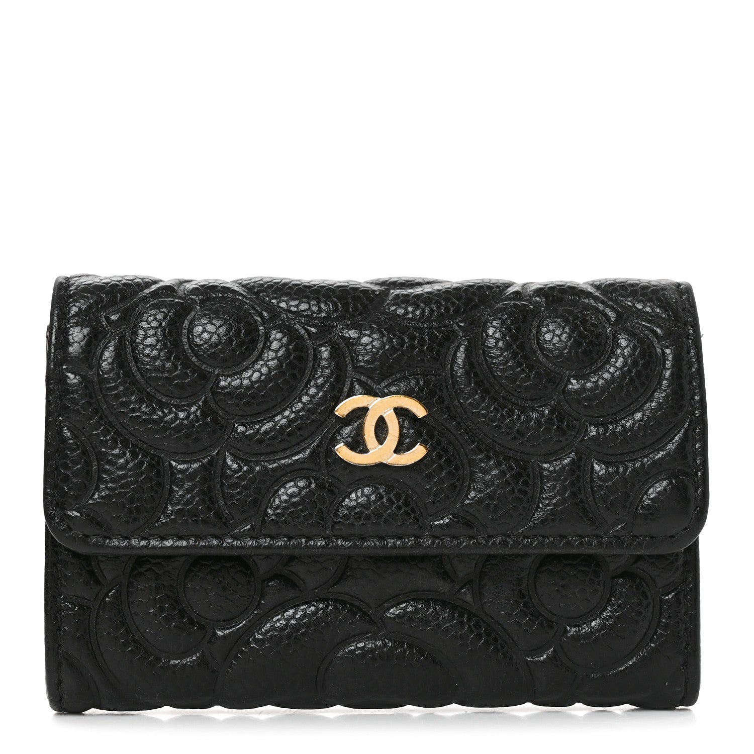 Chanel Caviar Camellia Embossed Card Holder Wallet Black 1 of 8