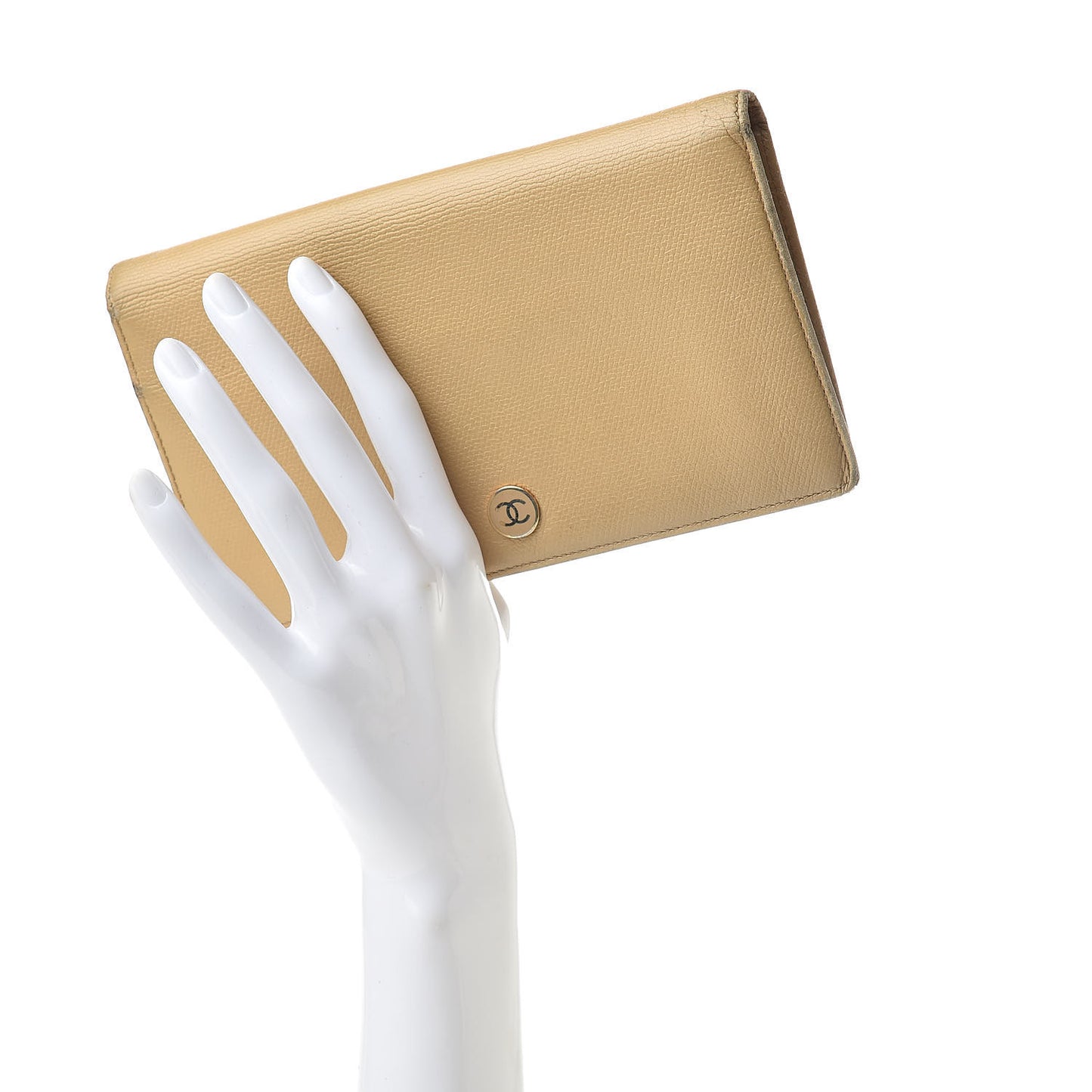Grained Calfskin CC Button Yen Wallet Beige