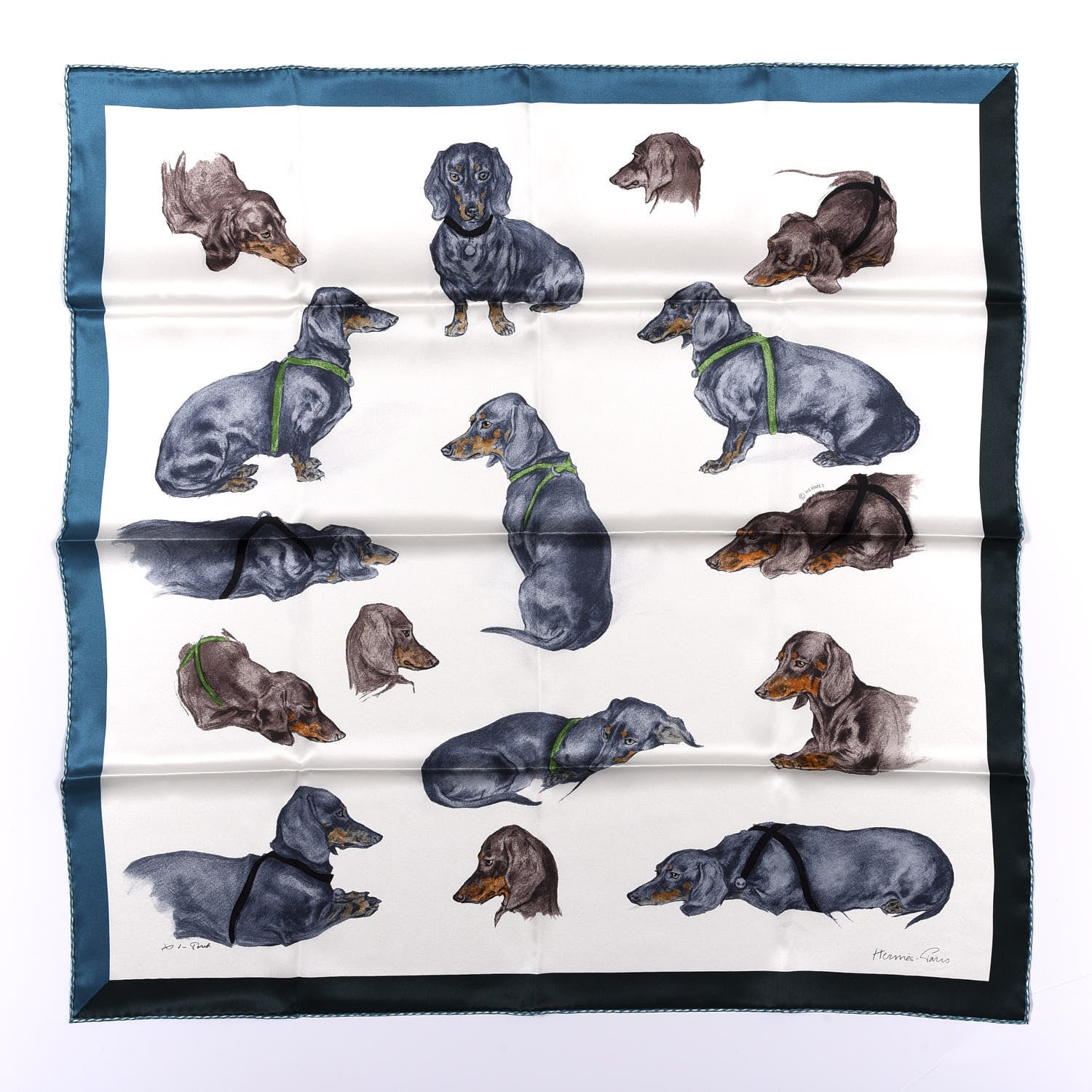 Hermes Silk Les Bassets Scarf 70 White Gris Bluete 608843
