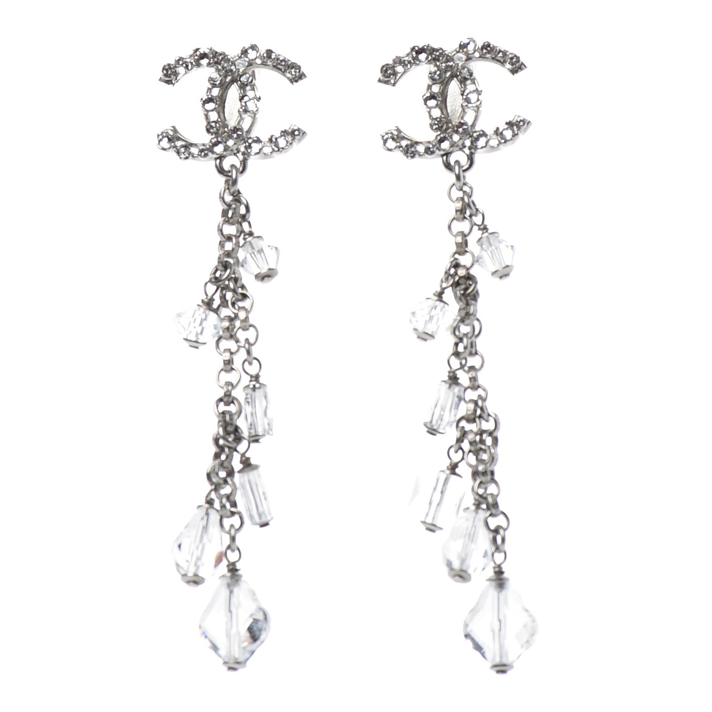 Crystal Bead CC Dangle Earrings Silver