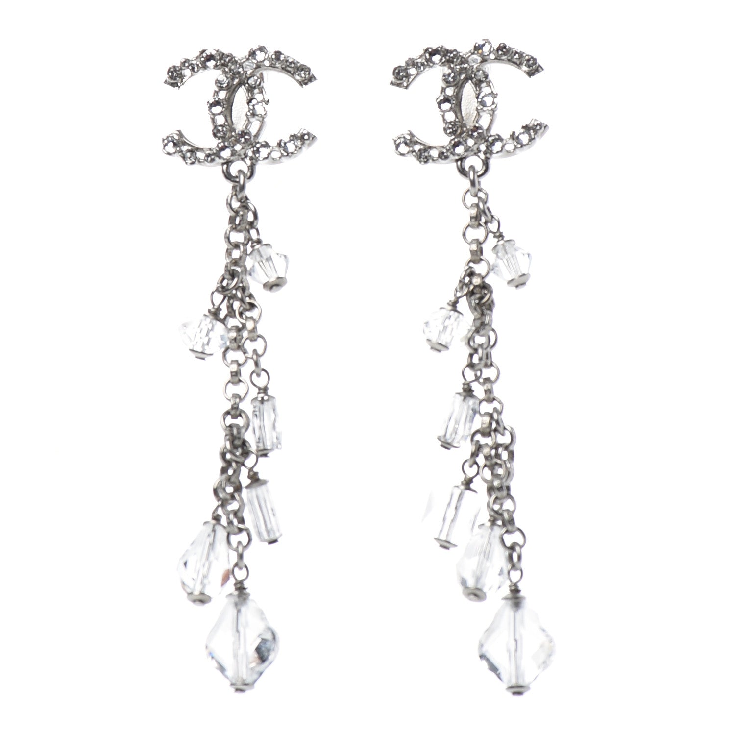 Chanel Crystal Bead CC Dangle Earrings Silver 1 of 4
