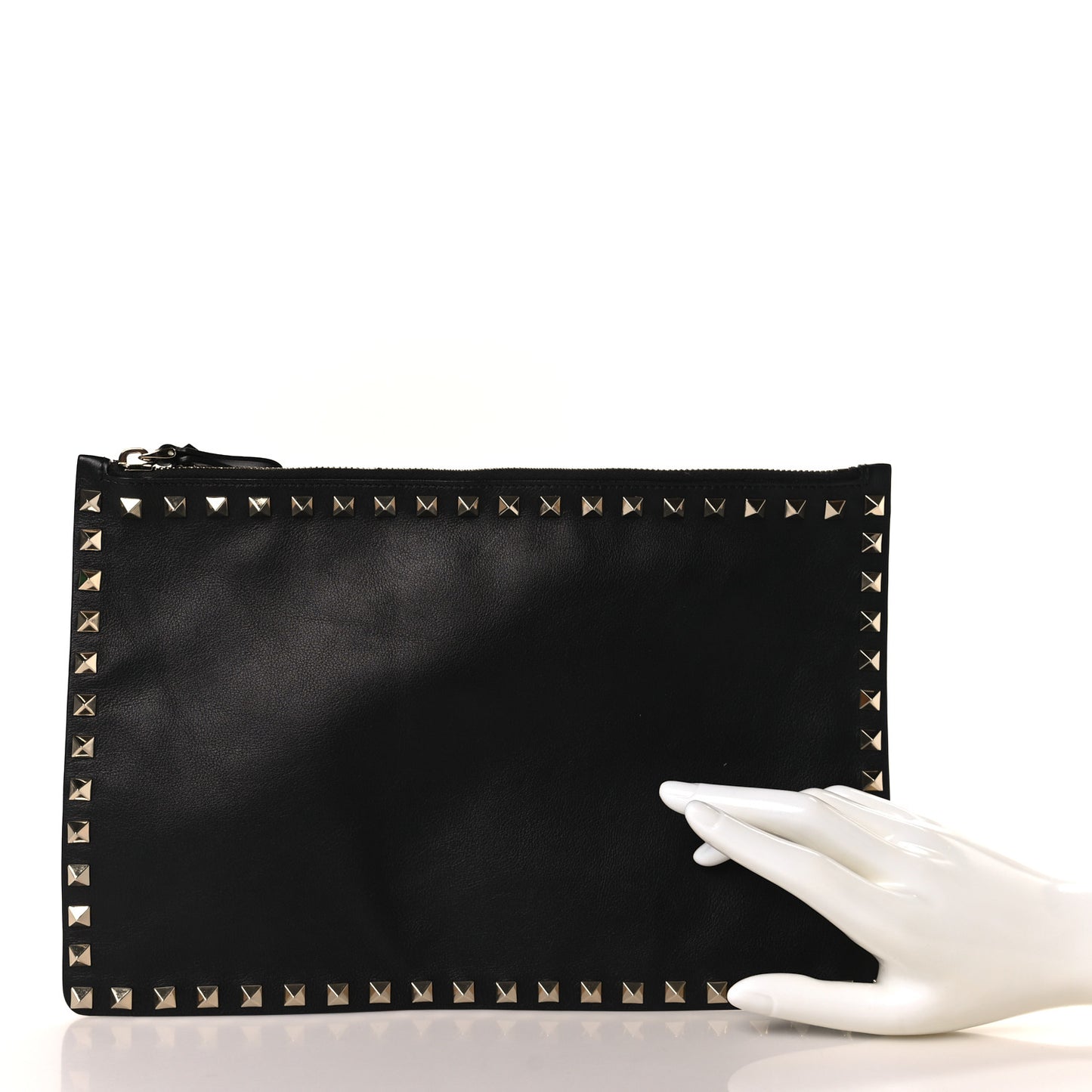 Vitello Large Rockstud Zip Wristlet Pouch Black