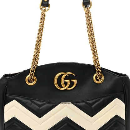 Gucci Calfskin Matelasse Medium GG Marmont Open Top Shoulder Bag Black White 8 of 12