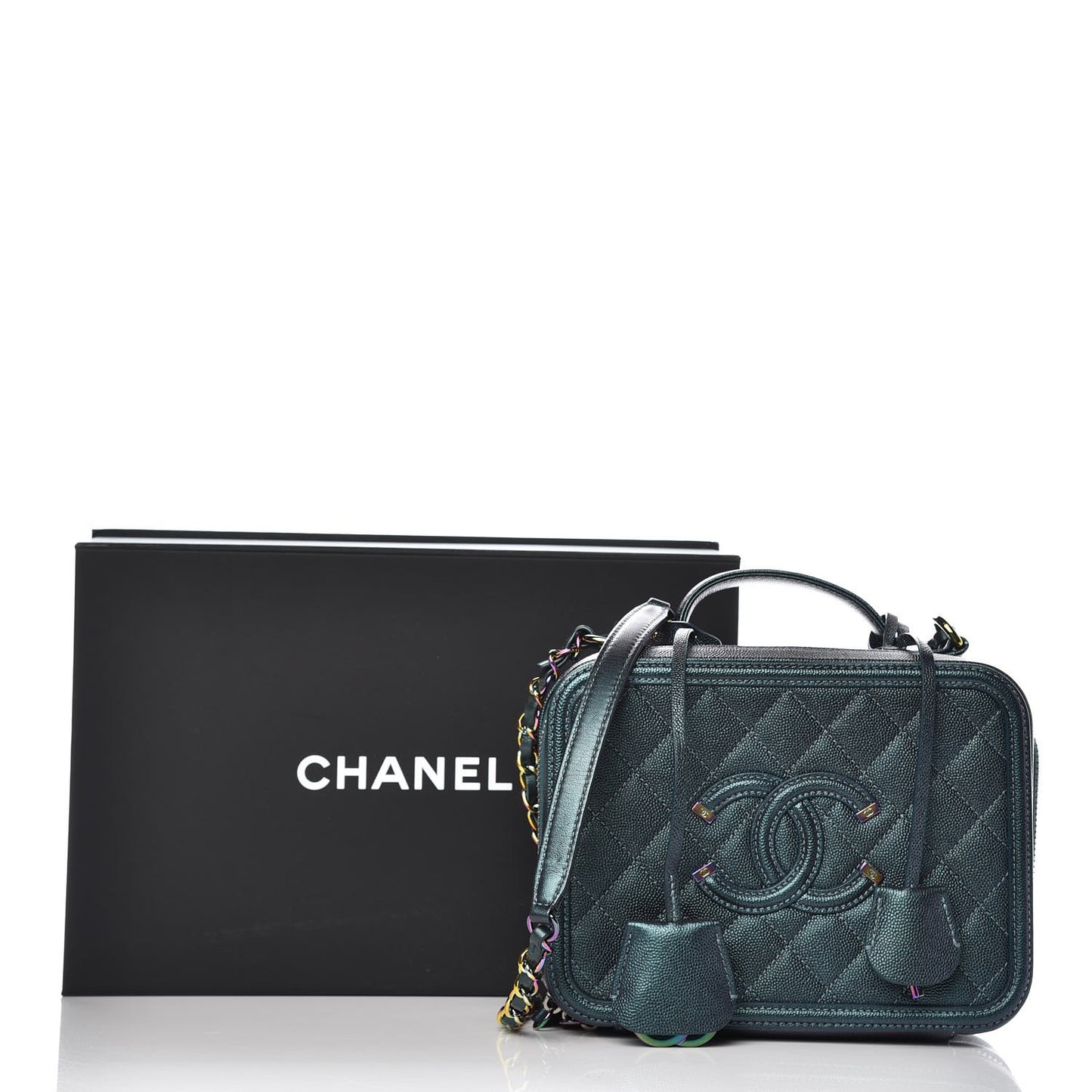 Iridescent Caviar Quilted Medium CC Filigree Vanity Case Dark Turquoise