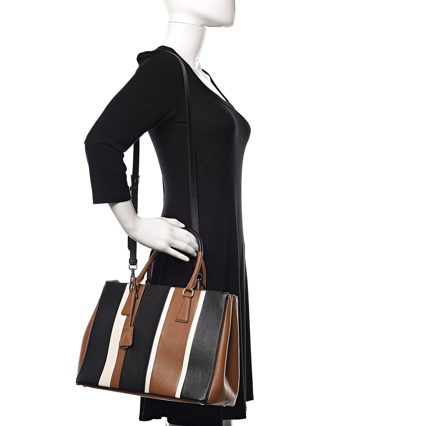 Saffiano Baiadera Striped Medium Galleria Double Zip Tote Caramel Black White