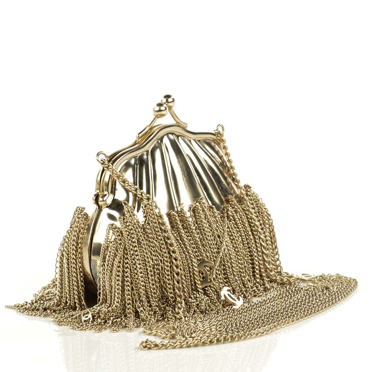 Metal Kiss Lock CC Chain Fringe Minaudière Clutch Gold