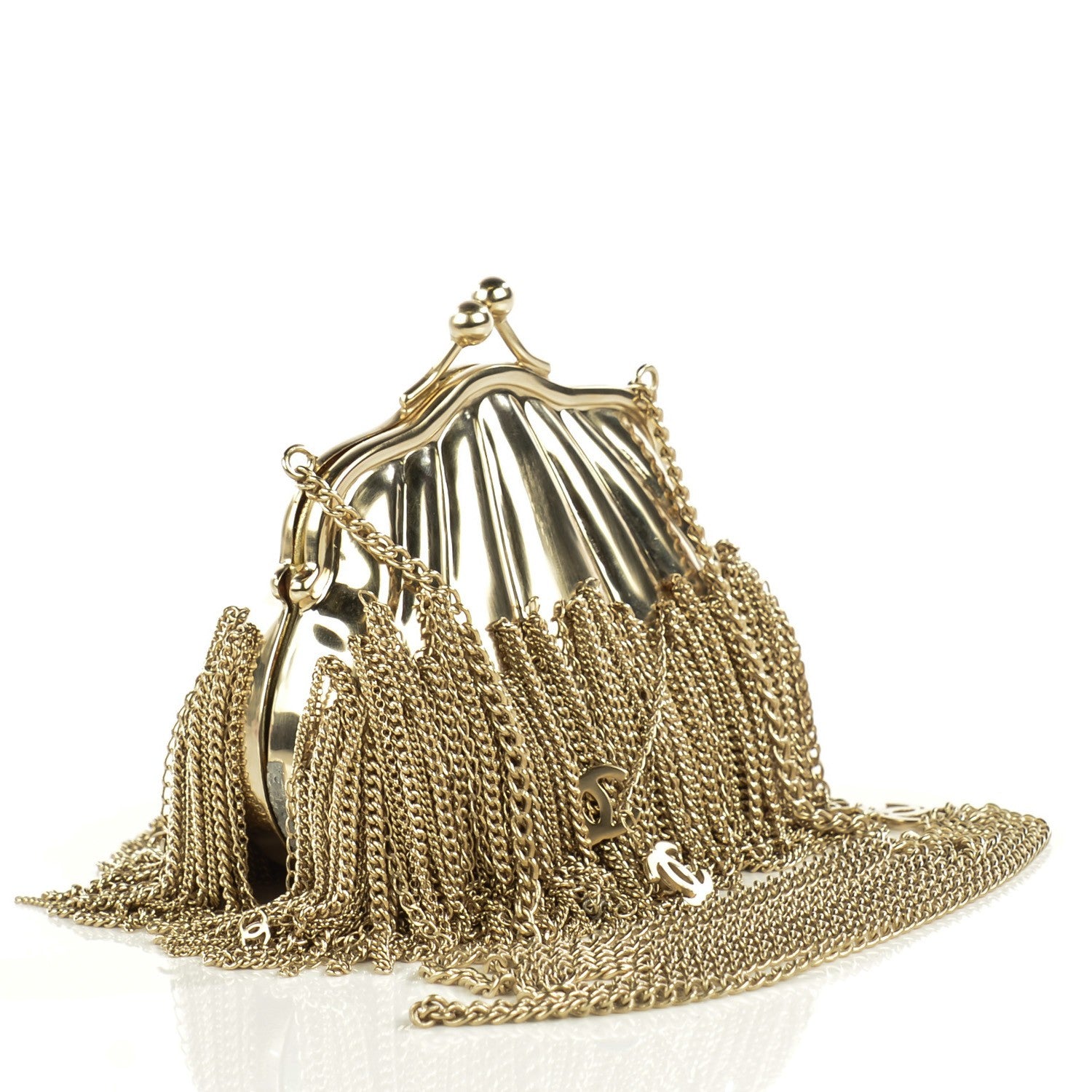 Chanel Metal Kiss Lock CC Chain Fringe Minaudière Clutch Gold 3 of 9