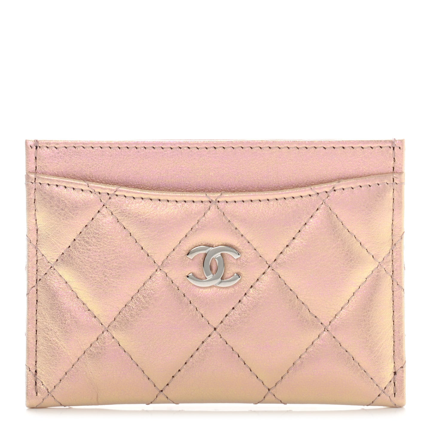 Iridescent Calfskin Quilted Card Holder Pink