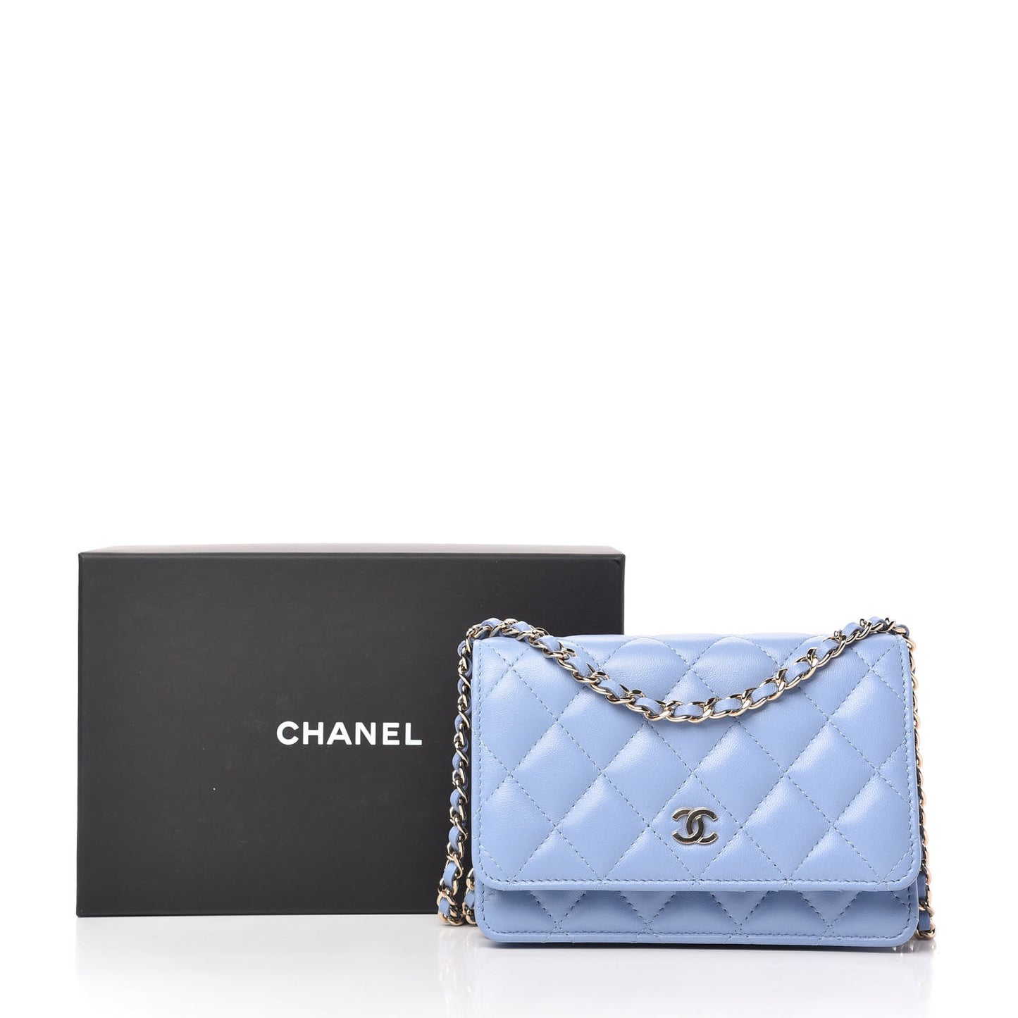 Lambskin Quilted Mini Wallet On Chain WOC Light Blue