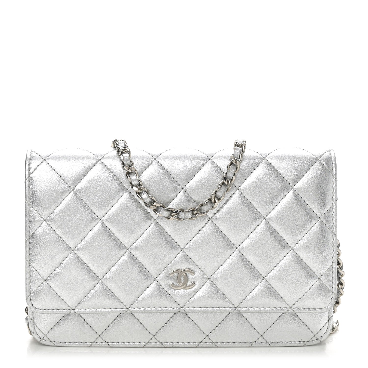 Chanel Metallic Lambskin Quilted Wallet On Chain WOC Silver