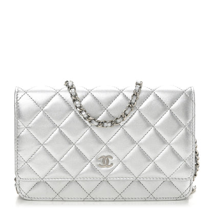 Chanel Metallic Lambskin Quilted Wallet On Chain WOC Silver 1 of 12