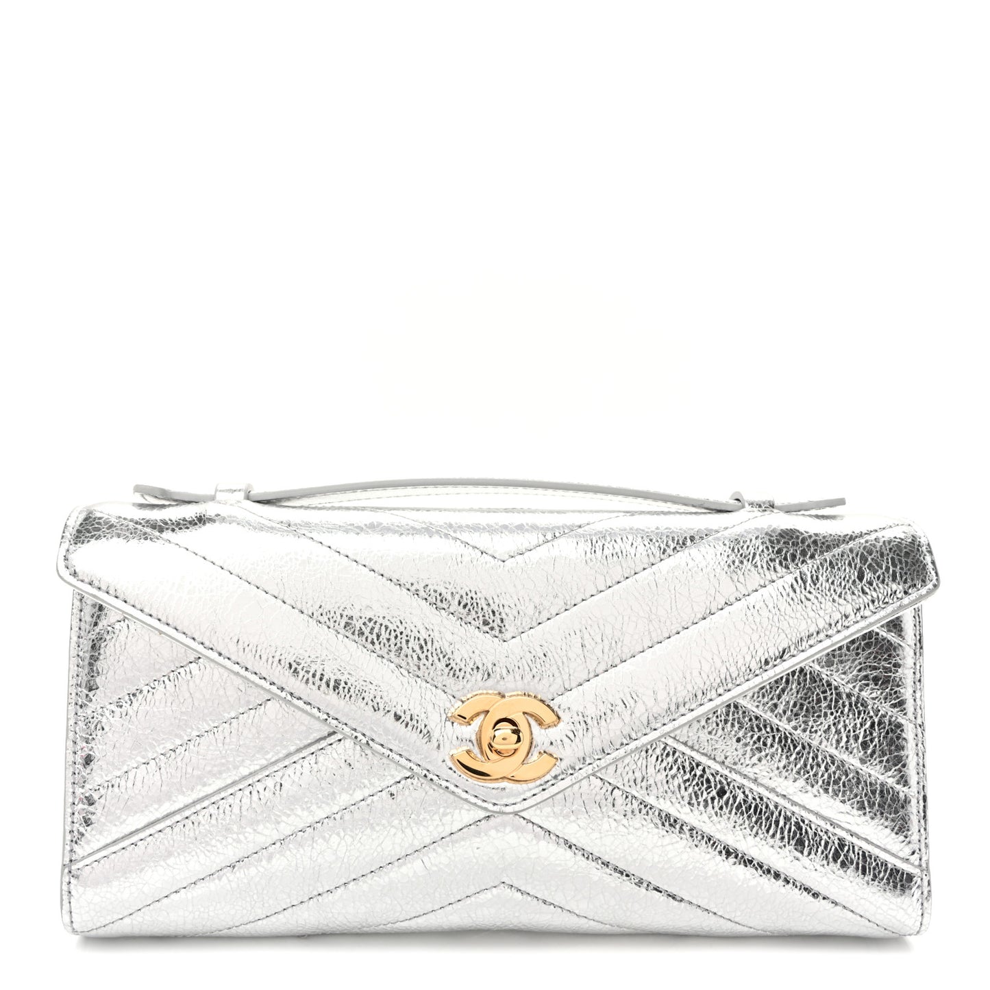 Metallic Aged Calfskin Chevron Quilted Top Handle Envelope Clutch Silver