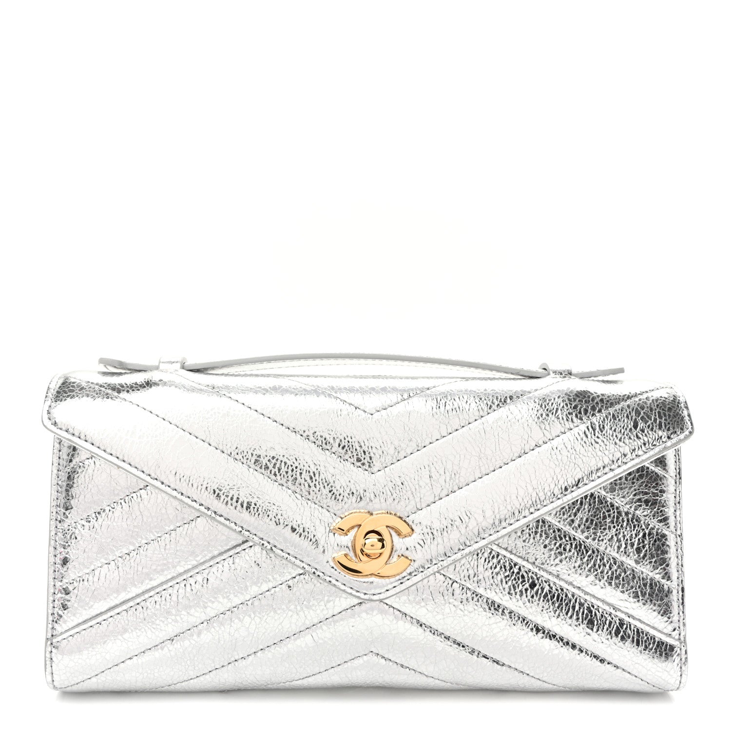 Chanel Metallic Aged Calfskin Chevron Quilted Top Handle Envelope Clutch Silver 1 of 10