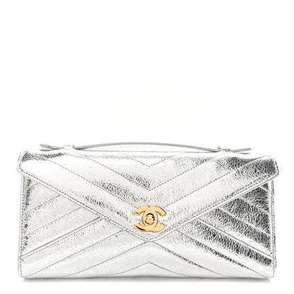 Chanel Metallic Aged Calfskin Chevron Quilted Top Handle Envelope Clutch Silver 1 of 10