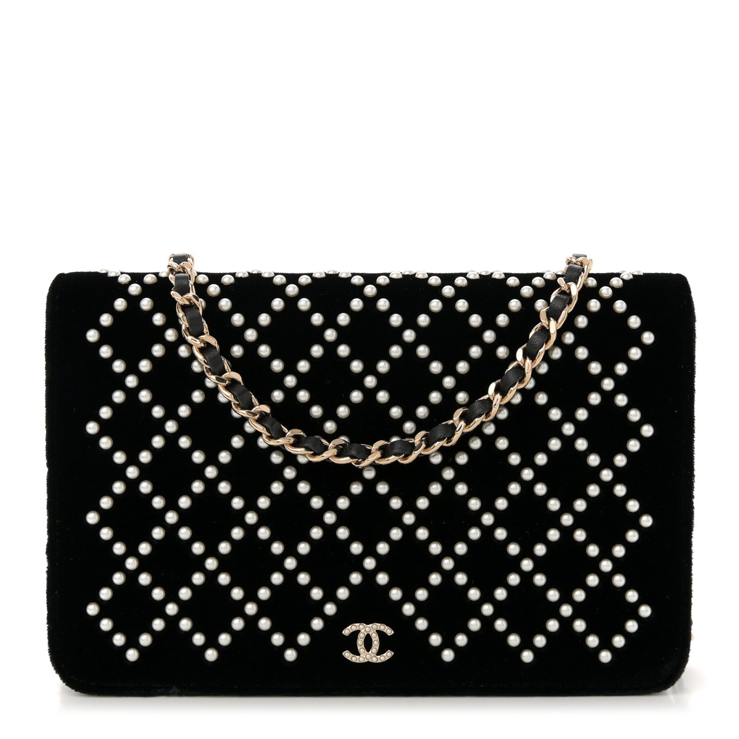 Velvet Pearl Diamond Embellished Wallet On Chain WOC Black