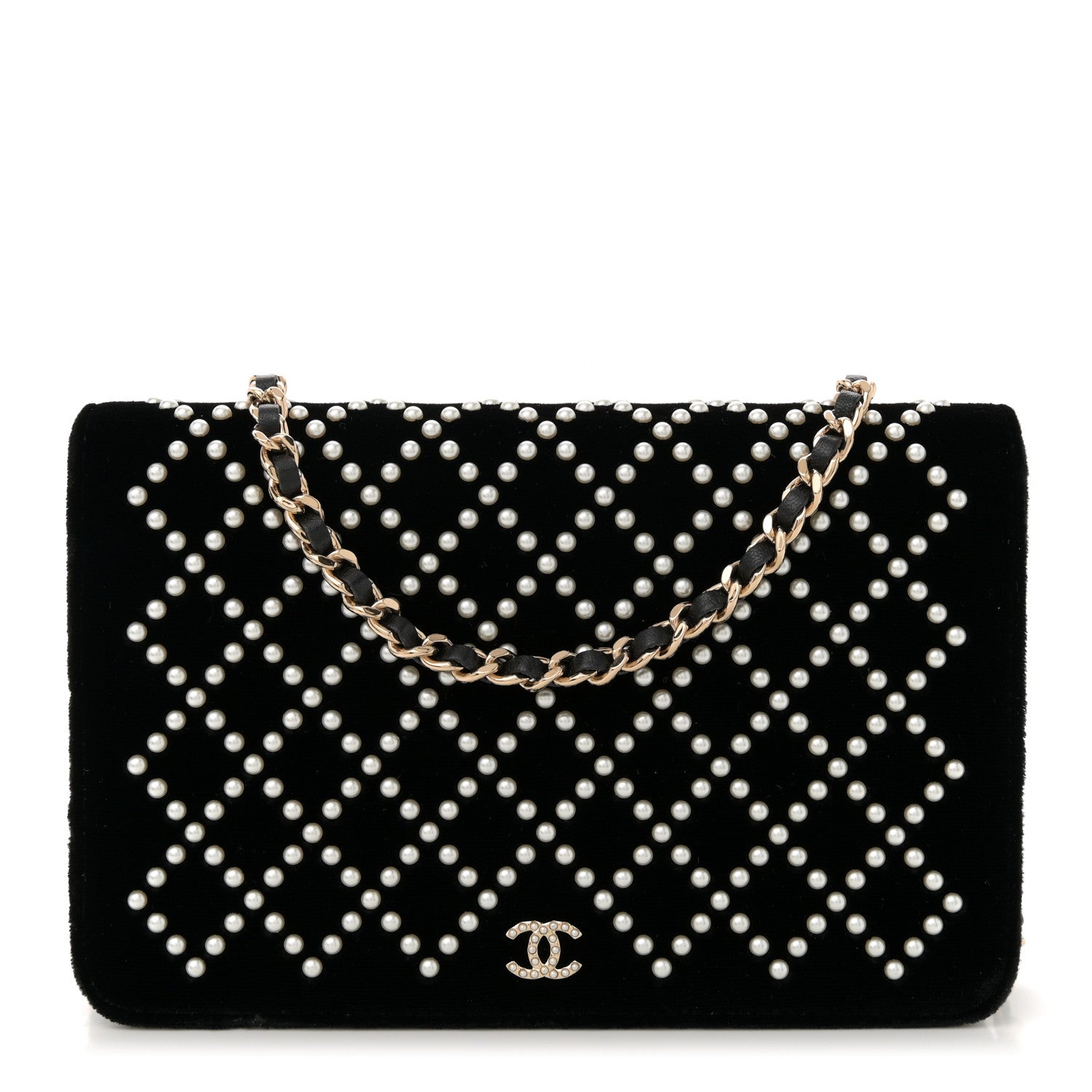 Chanel Velvet Pearl Diamond Embellished Wallet On Chain WOC Black 1 of 12