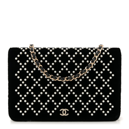 Chanel Velvet Pearl Diamond Embellished Wallet On Chain WOC Black 1 of 12