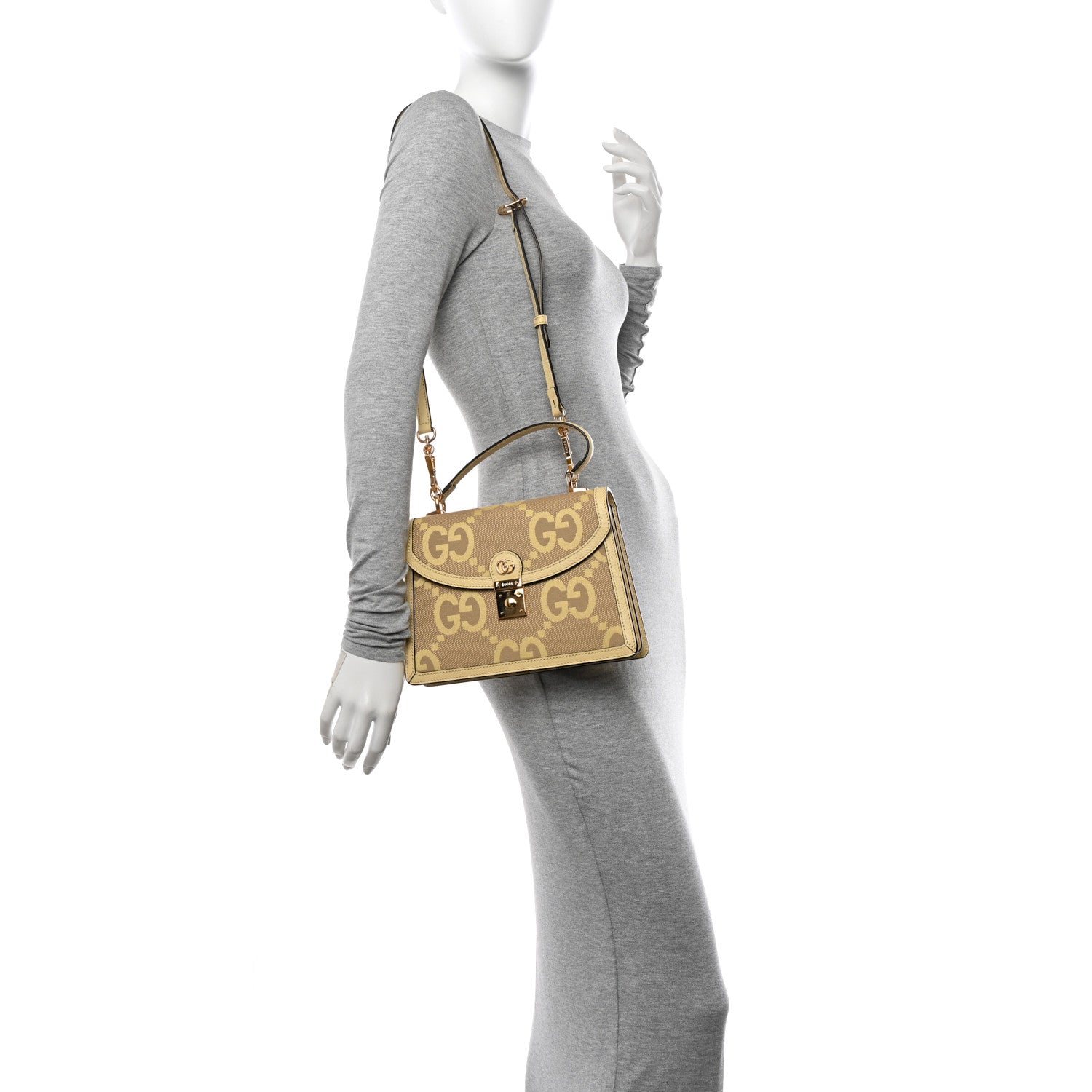Gucci Monogram Jumbo GG Textured Dollar Calfskin Mini Ophidia Padlock Top Handle Shoulder Bag Camel Banana 2 of 11