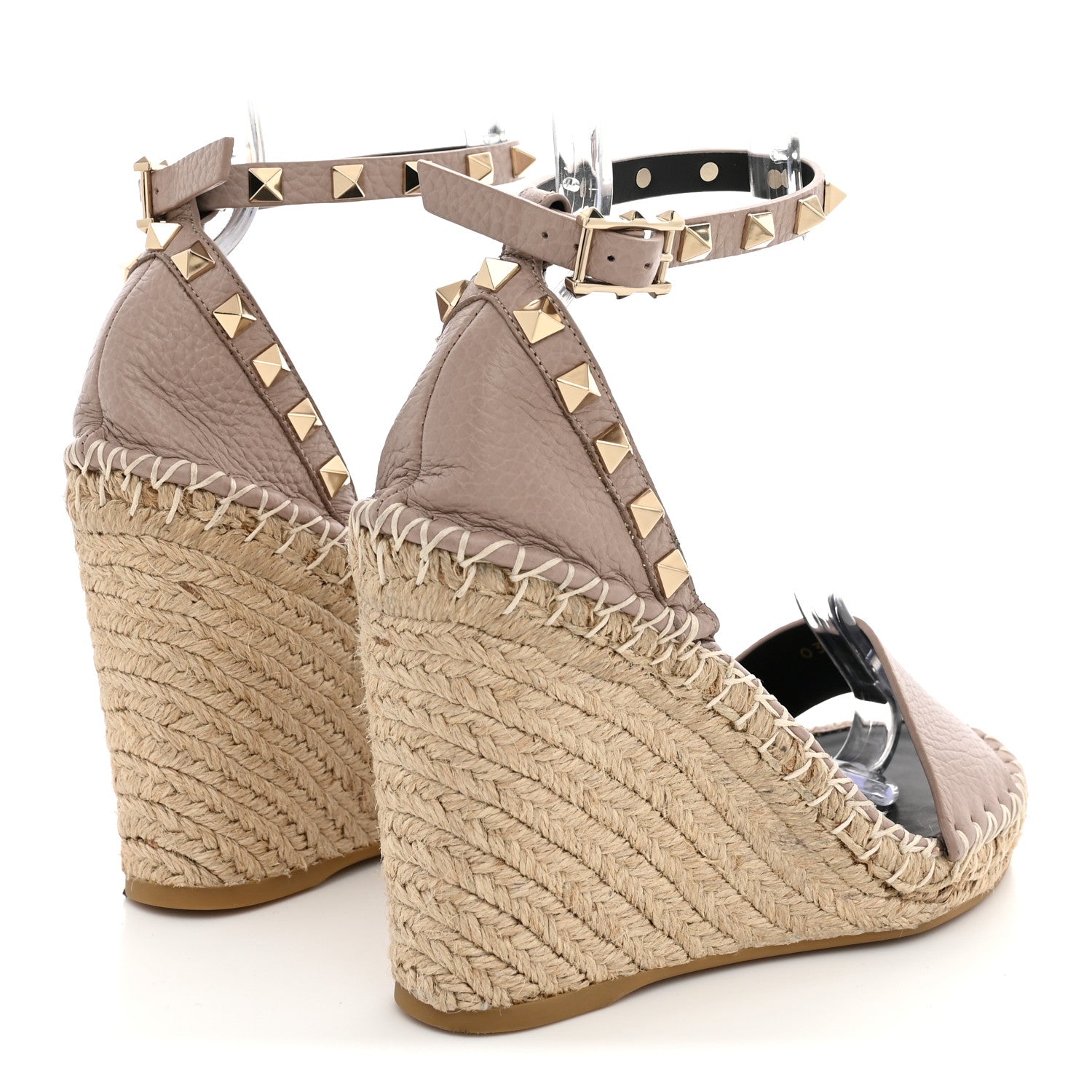 Valentino Garavani Grained Calfskin Rockstud Ankle Strap Espadrille 15/105mm Wedge Sandals 37 Poudre Natural 5 of 11